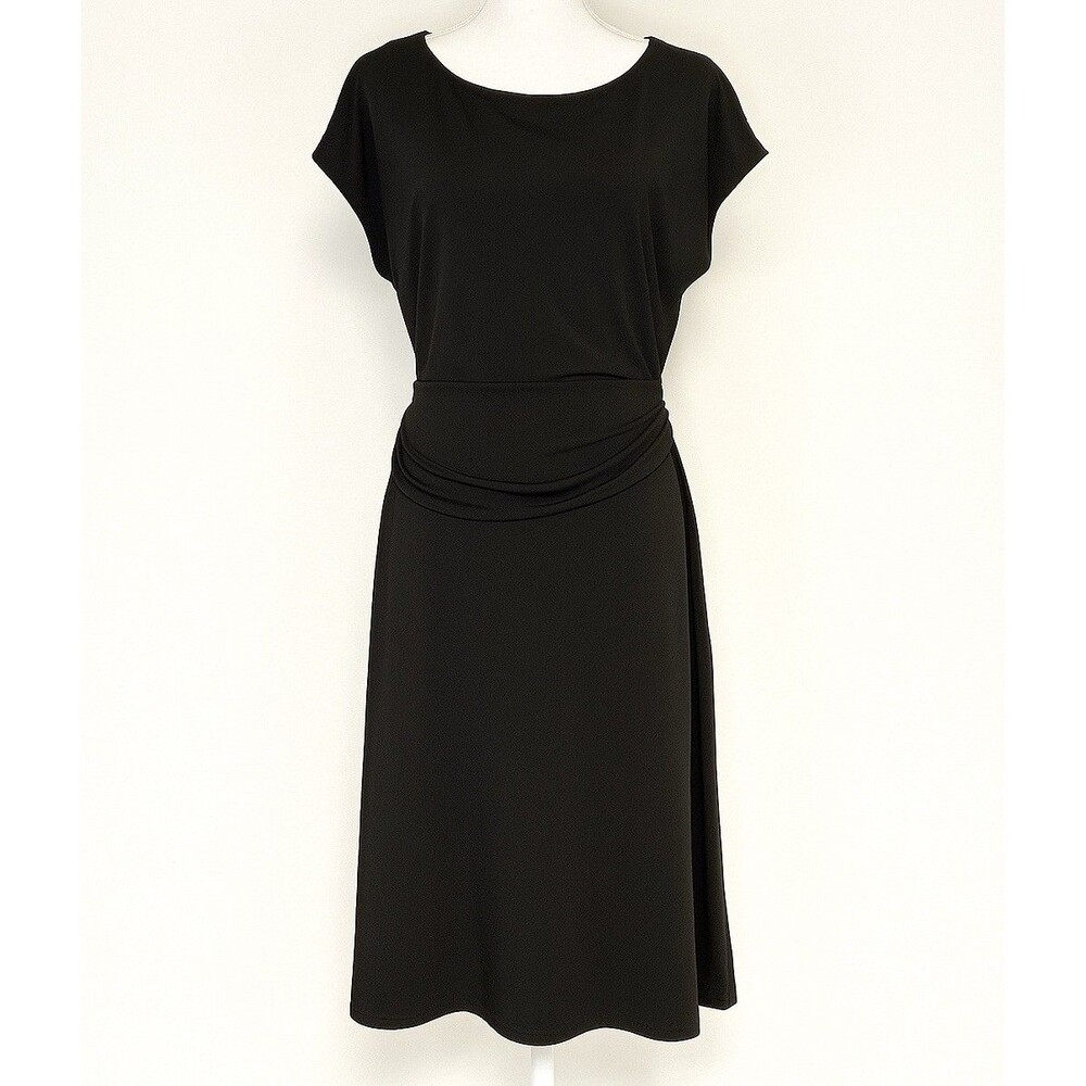 Ann Taylor Black Midi Dress S Lined Ruched Waist Stretch Cap Sleeve Classic Chic